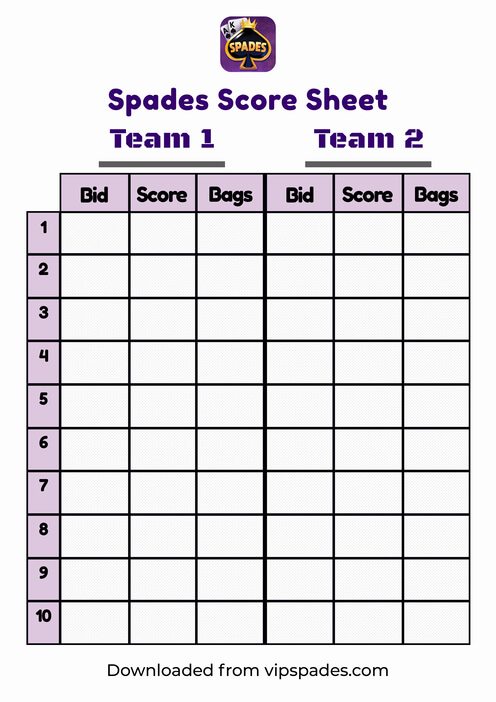 Spades Score Sheet